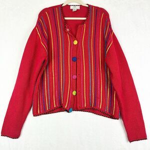 Lisa International Red Multi-Stripe Button Cardigan